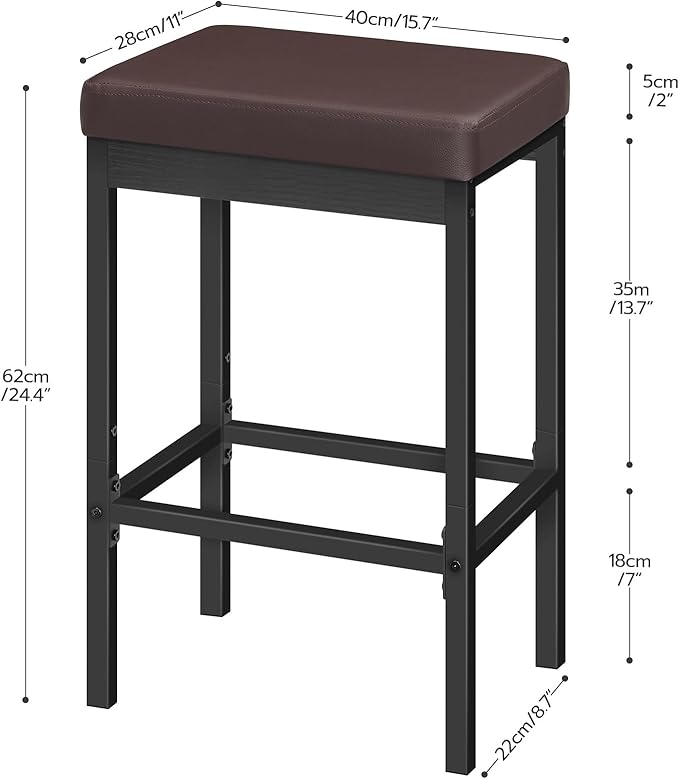 HOOBRO Bar Stools, Set of 2 Barstools, 24.8-Inch Height Stools, Breakfast Barstools, Kitchen Bar Chairs, 2" Thick Upholstery, for Kitchen, Dining Room, Cafe, Bar Counter, Brown and Black BC21BY01