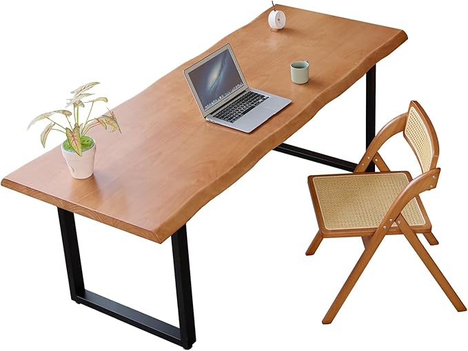 Stylish Solid Wood Office Desk with Sturdy Metal Base - Durable Executive Computer Desk or Dining Table in Multiple Sizes - Perfect for Home Office and Work Environments (Tan62.99in)