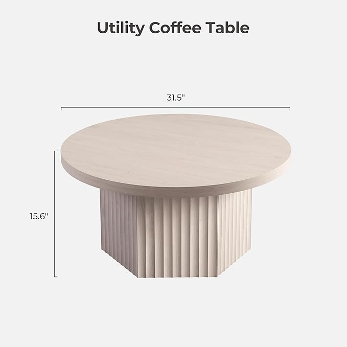 SICOTAS Round Coffee Table for Living Room, 32" Circle Modern Fluted Center Coffee Table with Storage, Mid Century Accent Tea Dining Table for Small Space, Apartment, White Alder