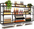 Metal Wall-Mounted Wine Rack with LED Light - 3 Tier Wine Storage Display Rack with Glass Holder - Space-Saving Bottle Display Shelf for Home Bars, Dining Rooms(Black, 47in/120cm)