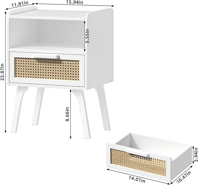 Lerliuo Rattan Nightstand, Bedside Table with Drawer Open Shelf, Cane Accent Side End Table with Solid Wood Legs, White Mid Century Night Stand for Bedroom, Dorm and Small Spaces