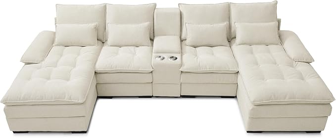 130" U-Shaped Sectional Sofa with Storage Console & Cup Holders, Upholstered 6 Seat Living Room Sleeper Couch Furniture Set w/Chaise, Cloud Cushion Couch for Home, Office, Apartment,Beige