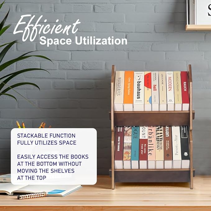 2 Pack Desktop Bookshelf, Stackable Book Organizer with Handle, Storage Rack for CD/Magazine/File Folder, Portable Small Bookshelf for Study, Living Room, Kid's Room, No Nails, Medium Size