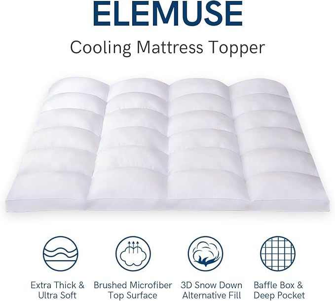 ELEMUSE RV King Mattress Topper for Back Pain, Extra Thick Mattress Pad Cover, Plush Soft Pillowtop with Elastic Deep Pocket, Overfilled Down Alternative Filling