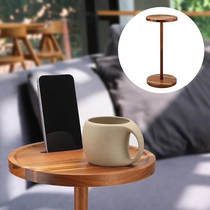 Acrylic Drink End Table, Clear Drink Table for Small Spaces with Anti-Slip Pads, 9.8" Round Modern Side Coffee Table for Living Room/Bedroom/Bathroom/Office/Outdoor/Business (Wood, Brown)