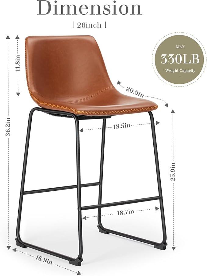 DUMOS 26 Inch Counter Height Bar Stools Set of 2, Modern Faux Leather High Barstools with Back and Metal Leg, Bar Chairs for Kitchen lsland, Brown