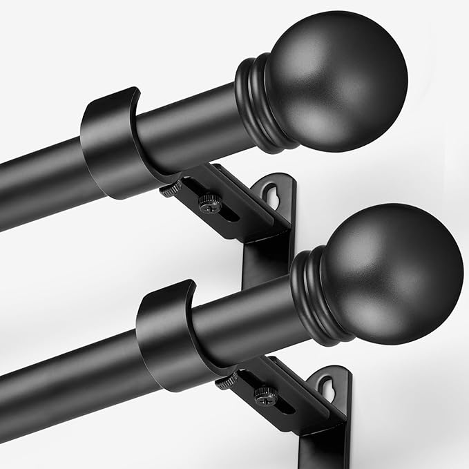 Curtain Rods for Windows 16 to 136 Inches, Curtain Rod Max Adjustable Length of 144 IN, 1" Diameter Drapery Rods Round Finials, Black, Pack of 2