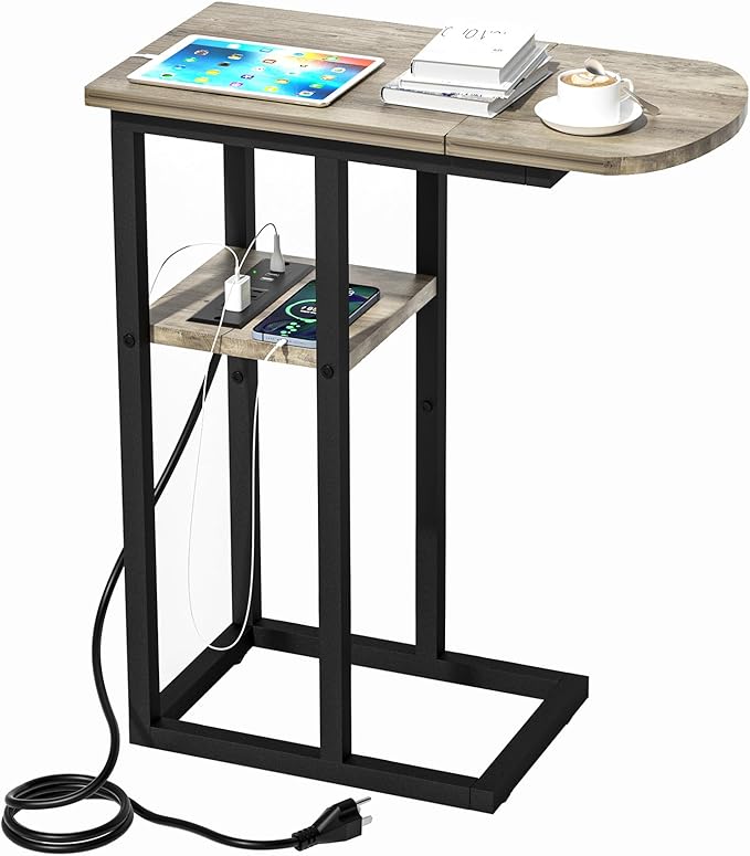 C Table End Table with Charging Station, Couch C Shaped Side Table for Living Room, Bedroom, Laptop Table with USB Ports and Type-C Port, Snack Tray Table for Couch