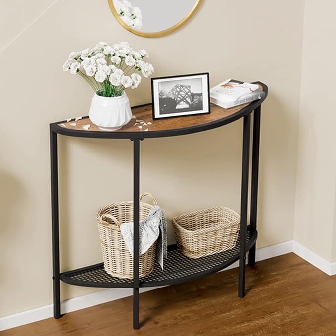 SAYGOER Entryway Table 2 Tier Small Console Table with Storage Half Moon Sofa Couch Table Mid Century Modern Narrow Entry Way Tables, 36.22" D x 11.8" W x 31.5" H, Easy Assembly, Dark Walnut