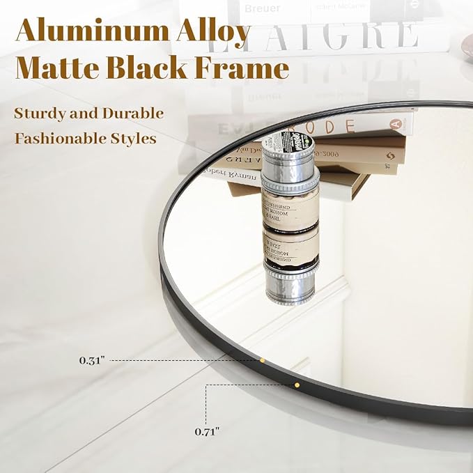 Black Round Bathroom Mirror, 24 inch Circle Wall Mounted Hanging Mirror with Simple Modern Circular Metal Frame for Hallway, Entryway, Living Room, Black Frame