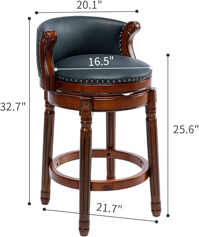 Cow top Leather Wooden Set of 2 Bar Stools, 26" Counter Height Bar Chair with Back, 180 Degrees Swivel Barstools Chair for Home Kitchen Counter,Dining Room, Restaurant