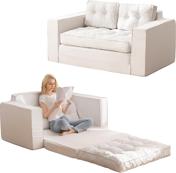 YOSHOOT Loveseat Sleeper Sofa,55" Convertible Sofa Bed Couch Futon Couches for Living Room,3-in-1 Pull Out Floor Couch with Reclining Backrest and Pillows, Beige