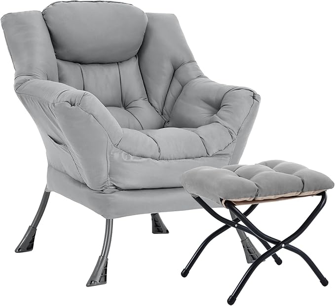 Lazy Chair with Ottoman, Large Modern Lounge Accent Chair with Armrests and Footrest, Reading Armchair with Ottoman, Leisure Sofa Chair for Living Room, Bedroom, Dorm Room (Light Grey)
