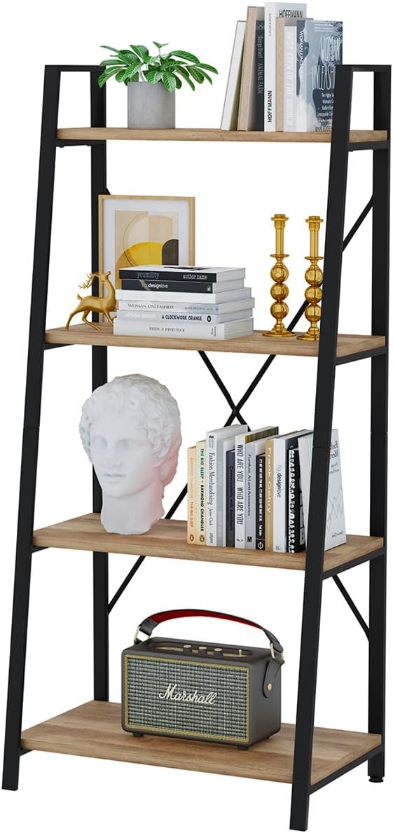 BON AUGURE Farmhouse Ladder Shelf Bookcase, 4 Tier Rustic Ladder Bookshelf, Standing Leaning Book Shelves for Living Room (Vintage Oak)