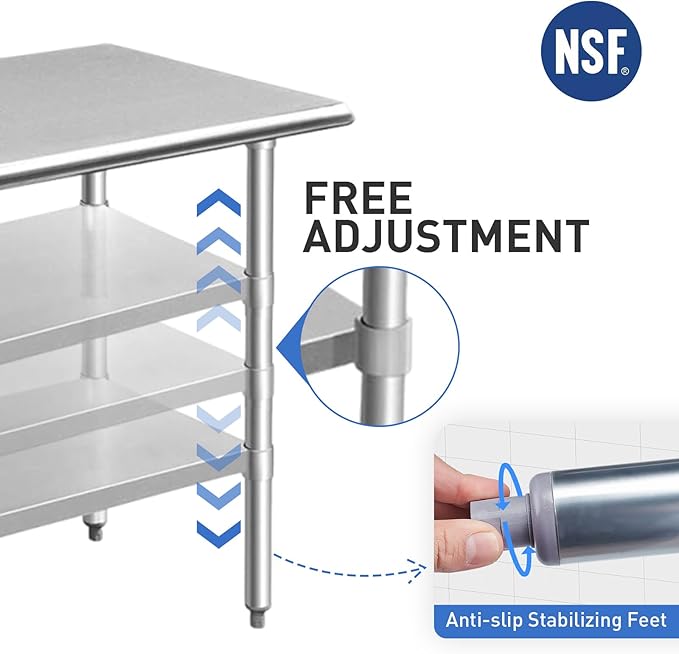 ROCKPOINT Stainless Steel Table for Prep & Work 24x72 Inches, NSF Metal Commercial Kitchen Heavy Duty Table with Adjustable Under Shelf and Table Foot for Restaurant, Home and Hotel