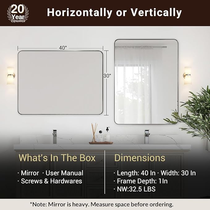 ANDY STAR 30”x40”Chrome Mirror for Bathroom, Rounded Rectangle Bathroom Mirror, Modern Metal Mirror in Premium Stainless Steel Frame, 1”Deep Set Design Hangs Horizontal Or Vertical