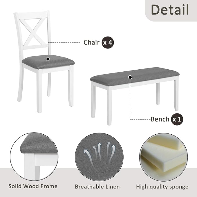 Ball & Cast 6 Piece Dining Table Set with 4 Upholstered Chairs & 1 Bench,Wooden Living Room Furniture for 6 W/ 58.5" Rectangle Kitchen Desk,for Dining Room,Home Bistro,Apartment,White+Gray