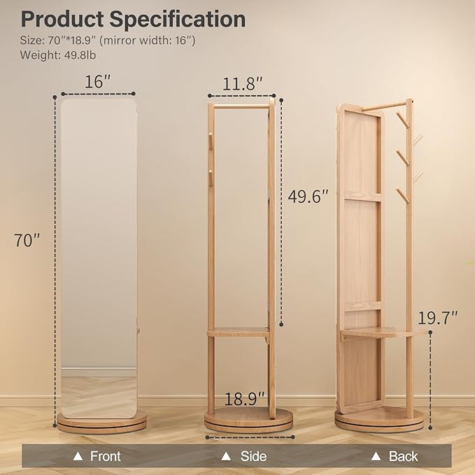 70"x16"Full Length Mirror with Stand,Coat Rack with Mirror,Solid Wood Floor Mirror,Swivel Mirrorfor Bedroom, Living Room, Cloakroom