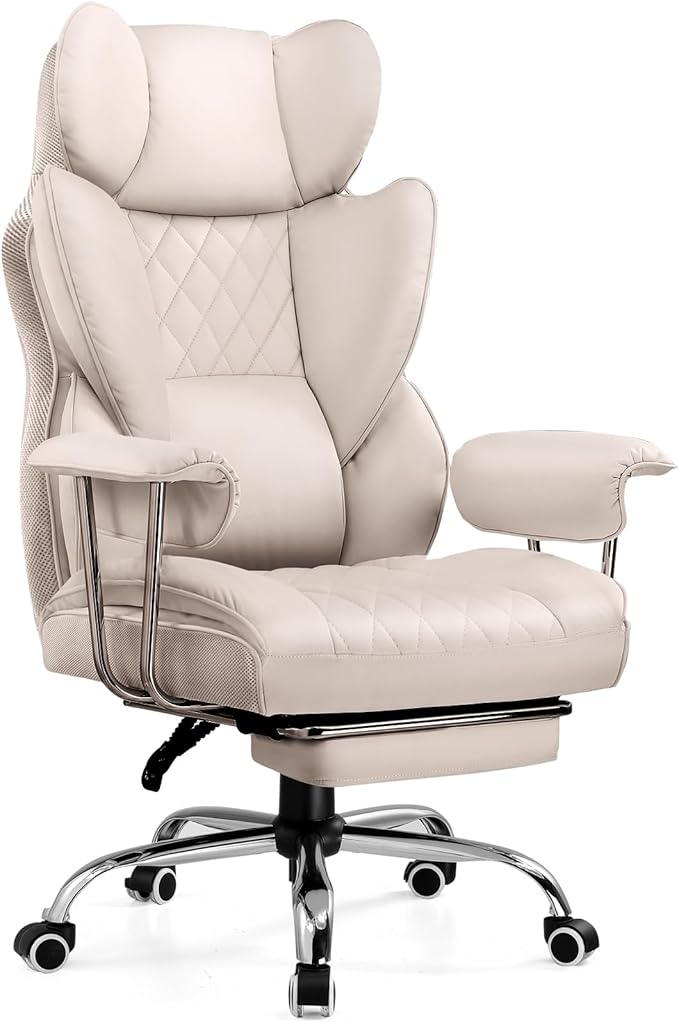 COMHOMA Big and Tall Office Chair, High Back Leather Gaming Chair with Footrest, Executive Ergonomic Office Chairs with Pocket Spring Lumbar Support and with Outward Fixed Soft Armrests