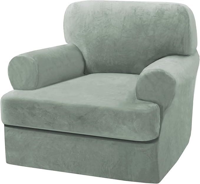 H.VERSAILTEX Sofa Cover 2 Piece T Cushion Armchair Slipcovers Thick Velvet Couch Cover Stretch T Cushion Sofa Covers for 1 Cushion Couch with 1 Individual T Cushion Covers Washable, Sea Grass