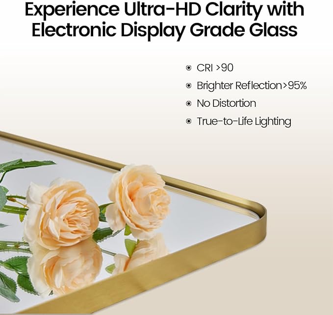 MOON MIRROR 24" x 36" Brushed Gold Metal Framed Pivot Rectangle Bathroom Mirror for Wall, Tilting Rounded Corner Rectangular Vanity Mirror Hangs Vertical Only