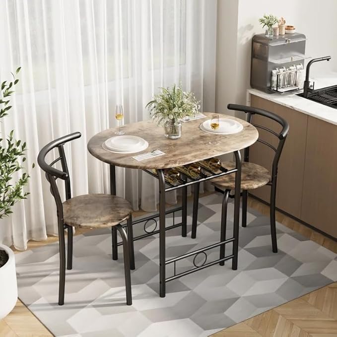Shahoo 3-Piece Wooden Dining Table Set, Kitchen Breakfast Nook Sets with 2 Chairs & Round Tabletop, Space Saving Furniture Metal Frame and Built-in Wine Rack, Walnut