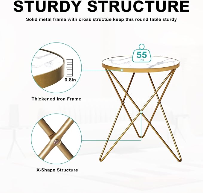 HLR Modern Round Side Table, End Table with Marble Effect Top and Gold Metal Frame, Small Side Table for Living Room, Bedroom, Sofa and Couch, Gold Legs, White Marble top
