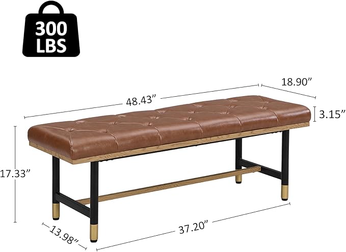 Modern Faux Leather Bench for Living Room and Bedroom, End of Bed Entryway Bench with Solid Metal Shelf, Padded Seat, Brown