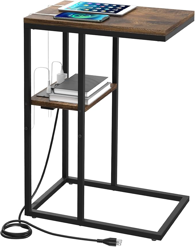 Yoobure C Shaped End Table with Charging Station, Small Side Table for Sofa，26" Tall Tv Tray Couch Table with Storage,Bedside Table with USB Ports and Outlets for Living Room, Bedroom, Rustic Brown