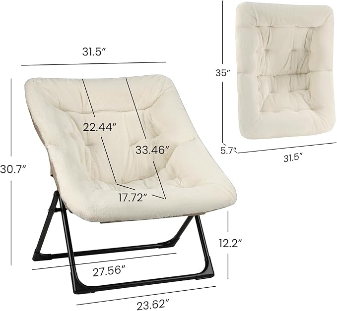 Comfy Saucer Chair for Adults, Soft Faux Fur Bedroom Chair, Accent Dorm Chairs, Flexible Living Room Reading Chairs, Oversized Folding Lounge Seat for Teens, X-Large, Beige