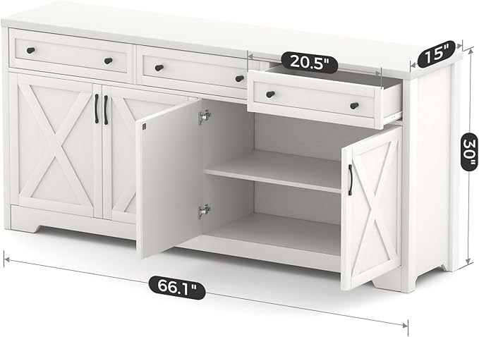 66'' Farmhouse Sideboard Buffet Cabinet with Storage, Large Kitchen Storage Cabinet with Barn Doors Drawers, White Coffee Bar Table for Dining Room Kitchen