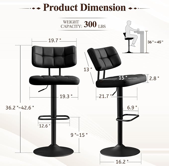 Furniliving Upholstered Bar Stools Set of 4, Faux Leather Swivel Bar Stools with Back, Adjustable Counter Height Barstools for Kitchen Island, Dining Space, Black