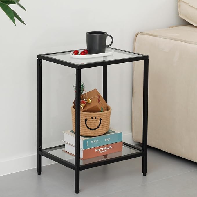 Modern 2-Tier Tempered Glass End Table - Stylish Black Metal Side Table for Small Spaces, Perfect for Living Room & Bedroom (Black, 1PCS)