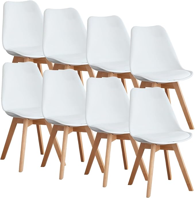OLIXIS Dining Chairs Set of 8 Kitchen Mid Century Modern Chairs with Wood Legs and PU Leather Cushion for Living Room Bedroom Outdoor Lounge, White