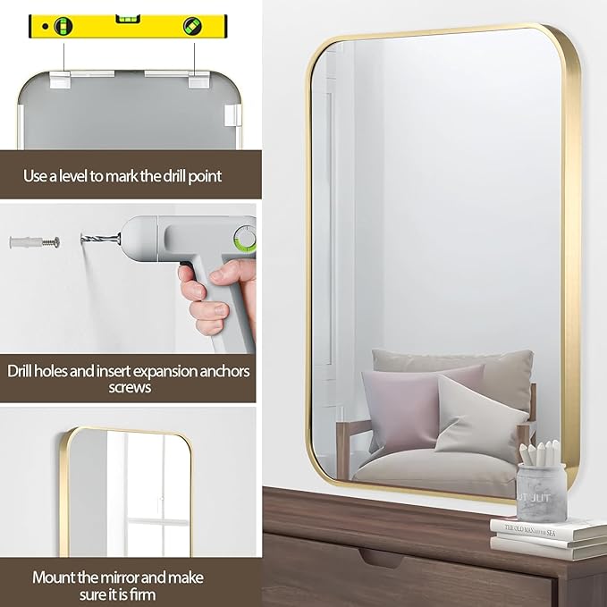 Gold Bathroom Mirror, 16x20 Inch Brushed Gold Aluminum Alloy Framed Rectangle Wall Mirror, Crystal Clear Reflection, Anti-Rust, Easy to Install Vertically or Horizontally