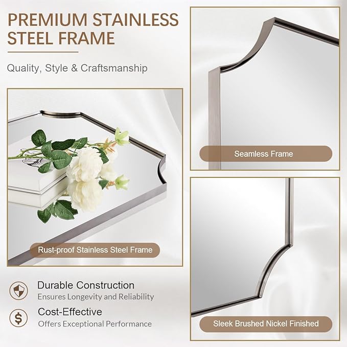 ANDY STAR Brushed Nickel Mirror 30x48 Inch, Large Scalloped Bathroom Mirror, Anti-Rust Stainless Steel Metal Thin Frame Deep 1’’, Unique Rectangle Mirror Hangs Vertically or Horizontally