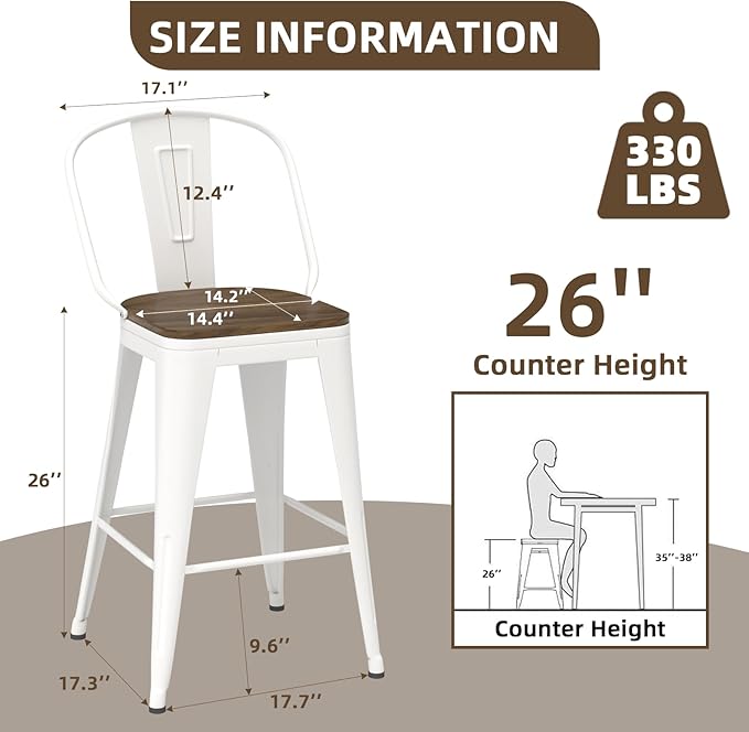 26” Swivel Bar Stools Set of 4, Counter Height Bar Stools Wooden Seat, Metal Industrial Bar Chairs with High Back for Kitchen Island (White)