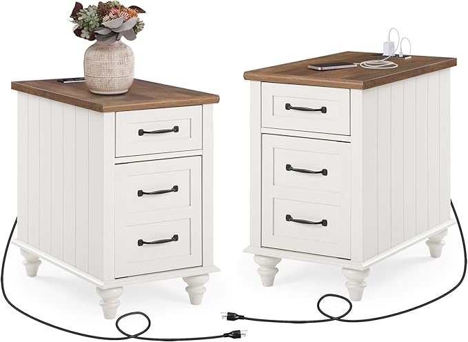 WAMPAT 2 Pack Off White End Table with Charging Station, Wood Side Sofa Table with Drawer and Storage Cabinet, Modern Nightstand with Power Outlets & USB Ports for Living Room, Bedroom