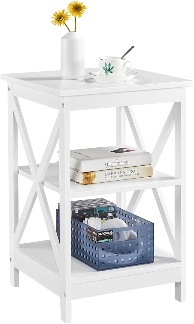 Yaheetech 3 Tier Sofa Side End Table with Shelf, X Shaped Sturdy Large Chair Side Snack Table for Living Room, Display Unit Organizer, White, 15.7 x 15.7 x 24’’ (L x W x H)