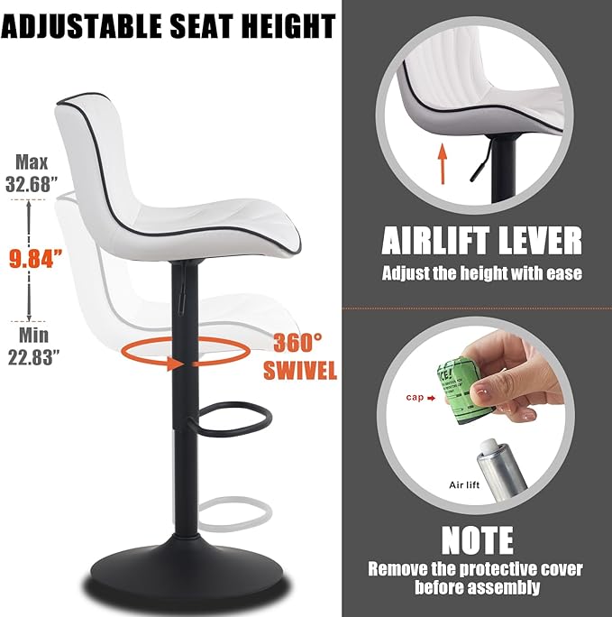 YOUNIKE White Bar Stools Set of 4 Modern Swivel Counter Height Bar Chair with Back Adjustable Kitchen Island Faux Leather Padded Barstools taburetes de bar Breakfast sillas para barra de cocina 4PCS