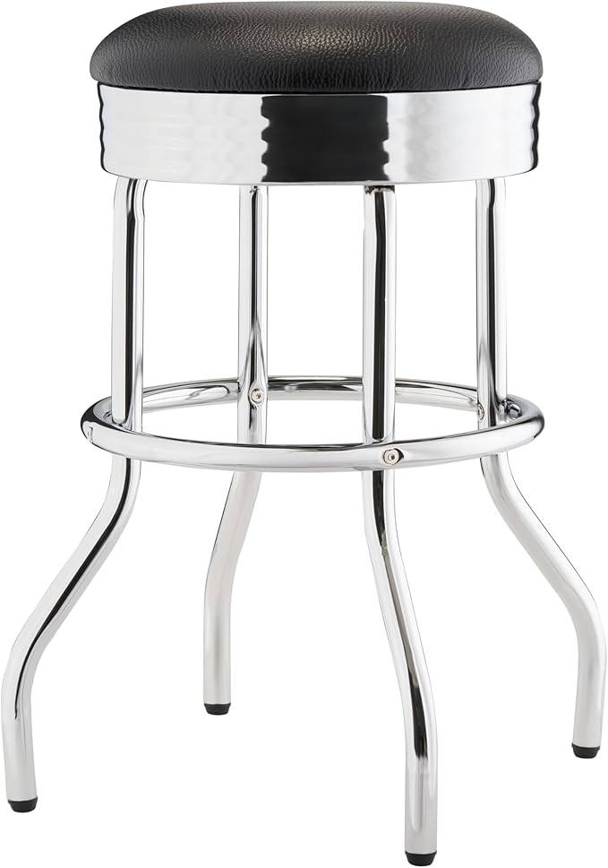TRINITY Heavy Duty 25-Inch Backless Swivel Bar Stool for Kitchen, Garage, or Workshop, Chrome Finish with Faux Leather Seat, 1 Pack, Black