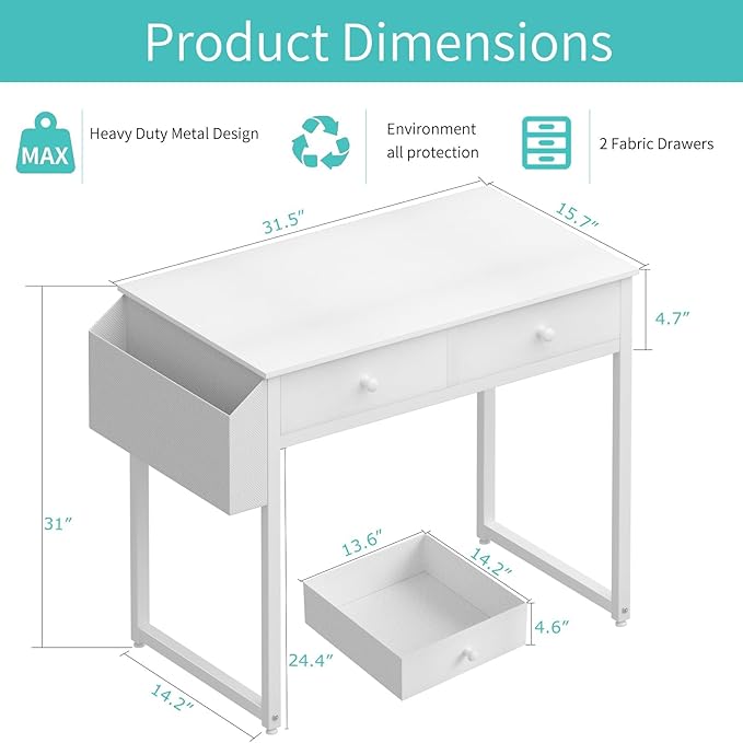 Lufeiya Small White Desk with Drawers - for Bedroom, 32 Inch Home Office Computer Desk with Fabric Storage Drawer and Bag, Study Writing Table for Small Spaces, White