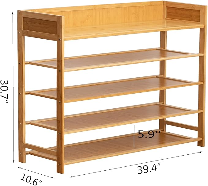 Bamboo Shoe Rack Organizer, 5 Tier Shoe Shelf Storage Organizer, for Entryway, Hallway, and Closet (Nature-39)