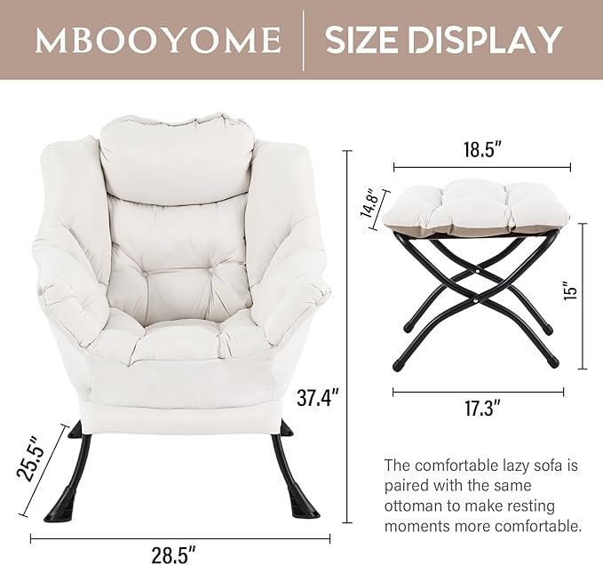 Lazy Chair with Folding Ottoman, Modern Accent Lounge Armchair with Armrests and a Side Pocket & Foldable Footstool, Leisure Reading Chair for Living Room, Bedroom, Dorm & Office, Beige