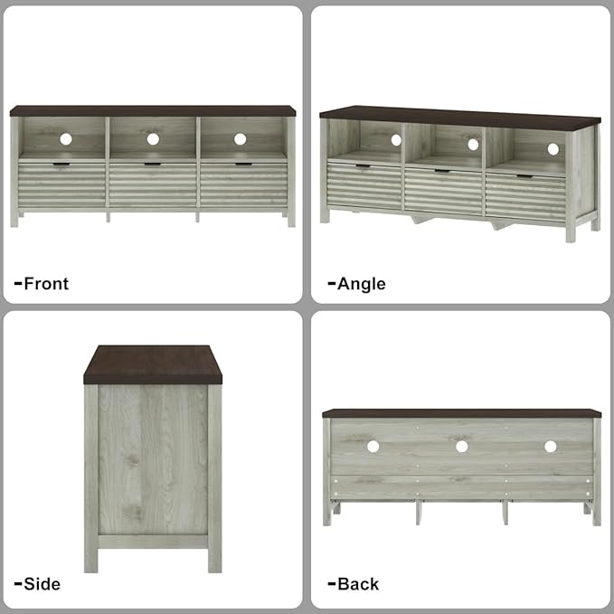 BON AUGURE TV Stand, Fluted Modern Media Console for 65 55 50 in TVs, Farmhouse Wood Entertainment Center with Storage Drawers for Living Room,Bedroom (Walnut Washed Grey)