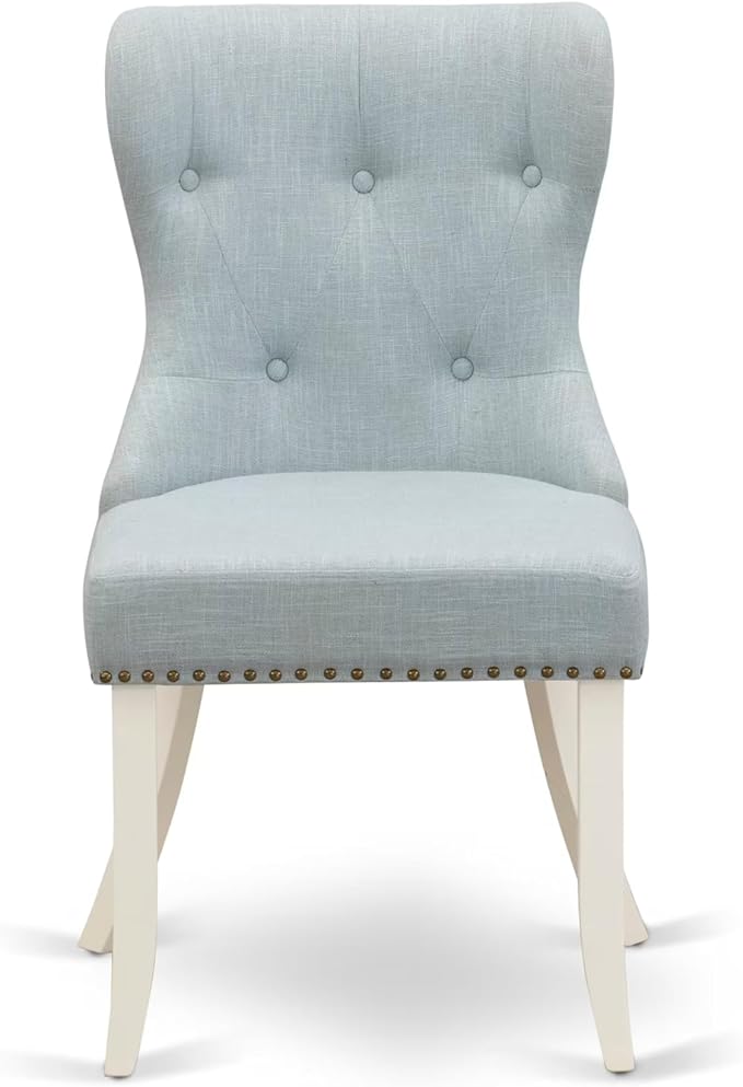 East West Furniture V097SI215-9 9 Piece Dining Room Set Includes a Rectangle Kitchen Table with V-Legs and 8 Baby Blue Linen Fabric Parsons Dining Chairs, 40x72 Inch, Multi-Color
