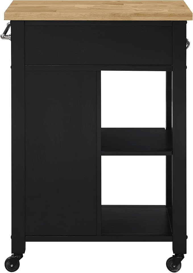 OSP Home Furnishings Derry Modern Farmhouse Kitchen Cart with Natural Butcher Block Top, Rolling Storage Cabinet with Drawer, Shelves, Hooks, Black Finish