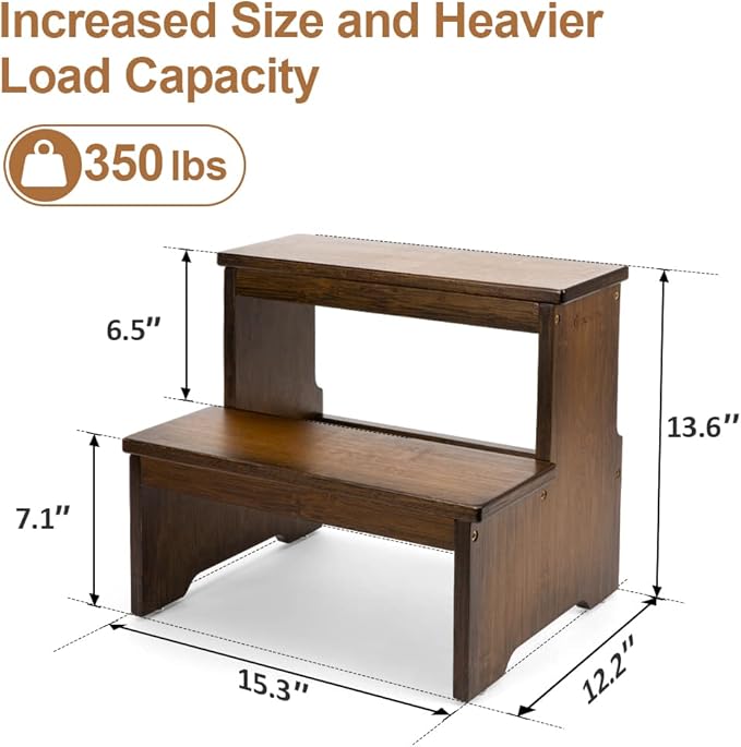 StrongTek Bamboo Two Step Stool for Adults and Kids, Bed Stepstool with Anti-Slip Bottom, Heavy Duty for Kitchen, Bathroom, Bedside Step Stool, Wooden Step Stairs 350 lbs Capacity