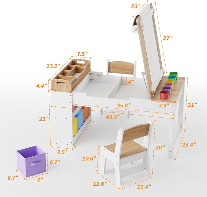 Kids Art Table and Chair - Toddler Craft Table and Chairs Set with 2 Chair & Bins, Kids Activity Desk with Paper Roll for Playrooms & Classroom, 44" L x 24" W, Natural