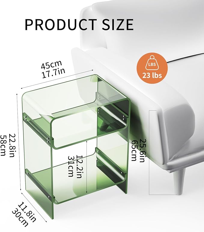 Acrylic Record Player Table with Storage Shelf, Clear Side Table Nightstand (Green)